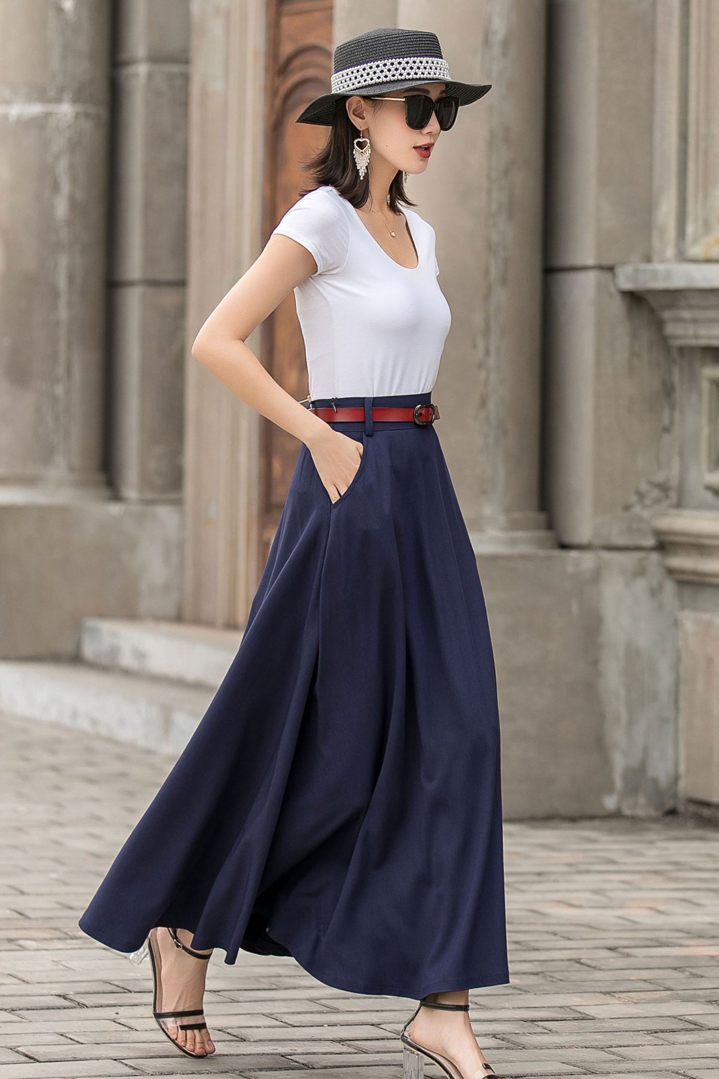 Minimalist Blue A-Line Long Linen Skirt For Women 2716