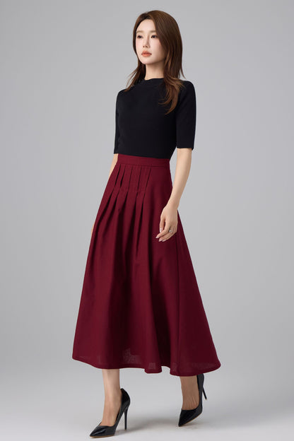 Burgundy Linen Midi Skirt - High Waist Pleated A-Line | Xiaolizi 6759