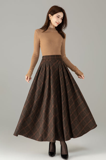 Handmade Wool Blend Plaid Skirt – Vintage Long A-Line Maxi for Autumn Winter 6505