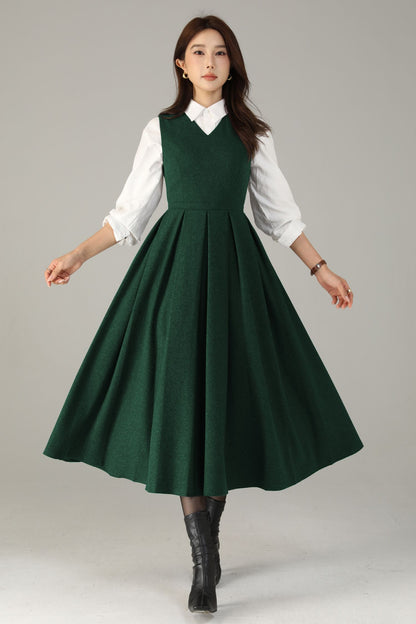 Dark Green Wool Midi Dress – Sleeveless V-Neck A-Line Winter Dress | Xiaolizi 6591