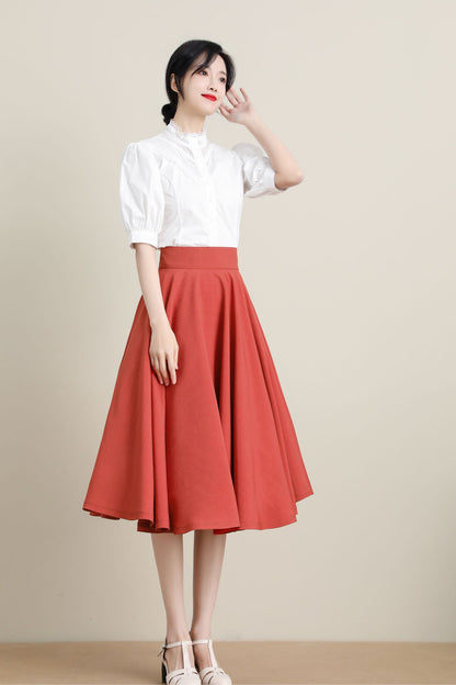 Orange Cotton Midi Skirt - High Waist Retro Circle Swing | Xiaolizi 3312