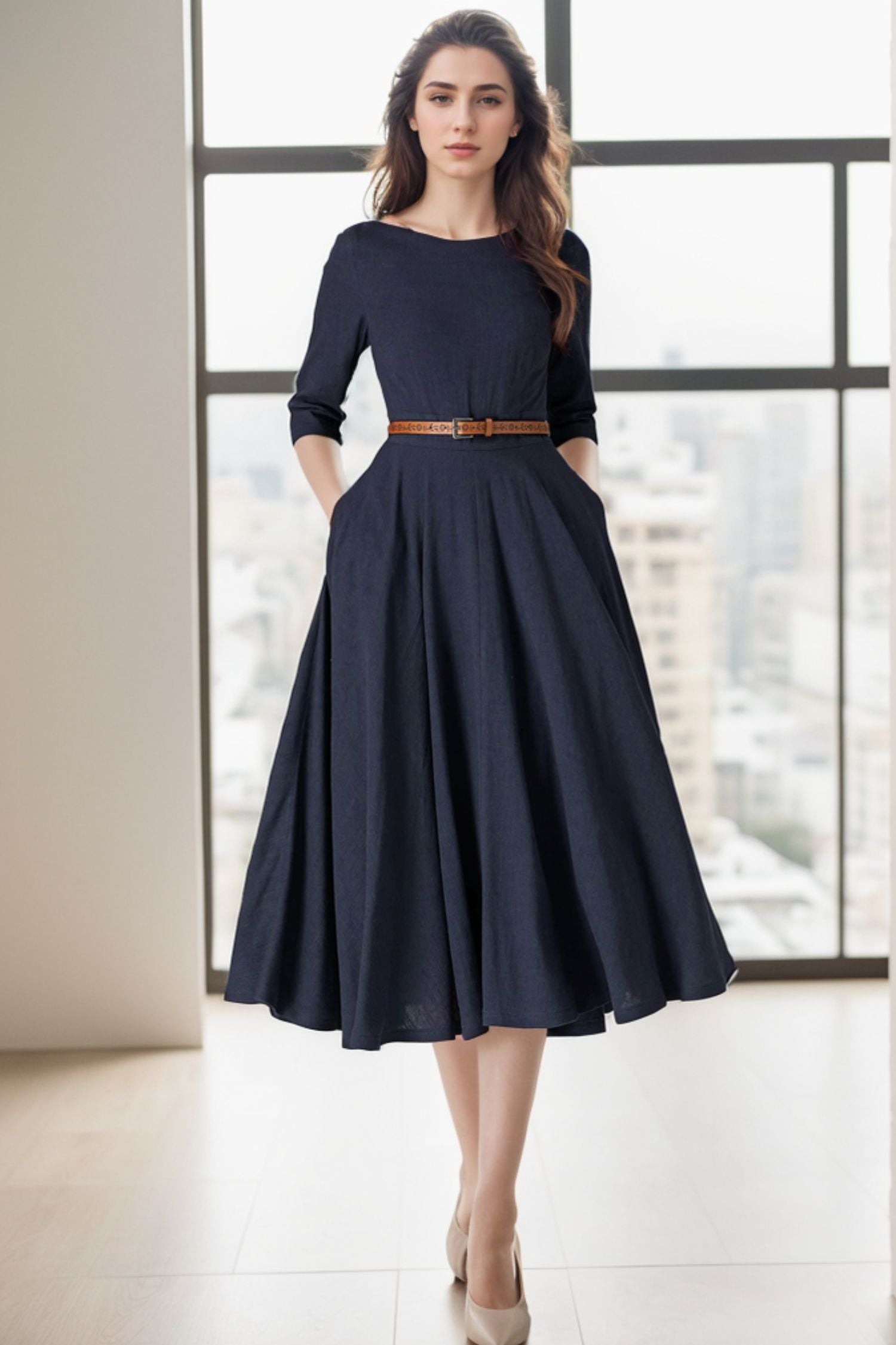 Navy Blue Linen Midi Dress Handmade Fit & Flare Everyday & Travel Dress | Xiaolizi Navy Blue Linen Midi Dress Handmade Fit & Flare Everyday & Travel Dress | Xiaolizi