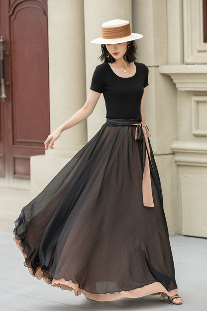 Black Chiffon Maxi Boho Skirt Women 5107