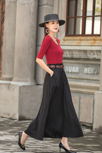Black A Line Maxi  Linen Skirt with Pockets  2779