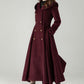Hooded Burgundy Wool Coat – Elegant Double-Breasted Long Swing Coat | Xiaolizi 6573