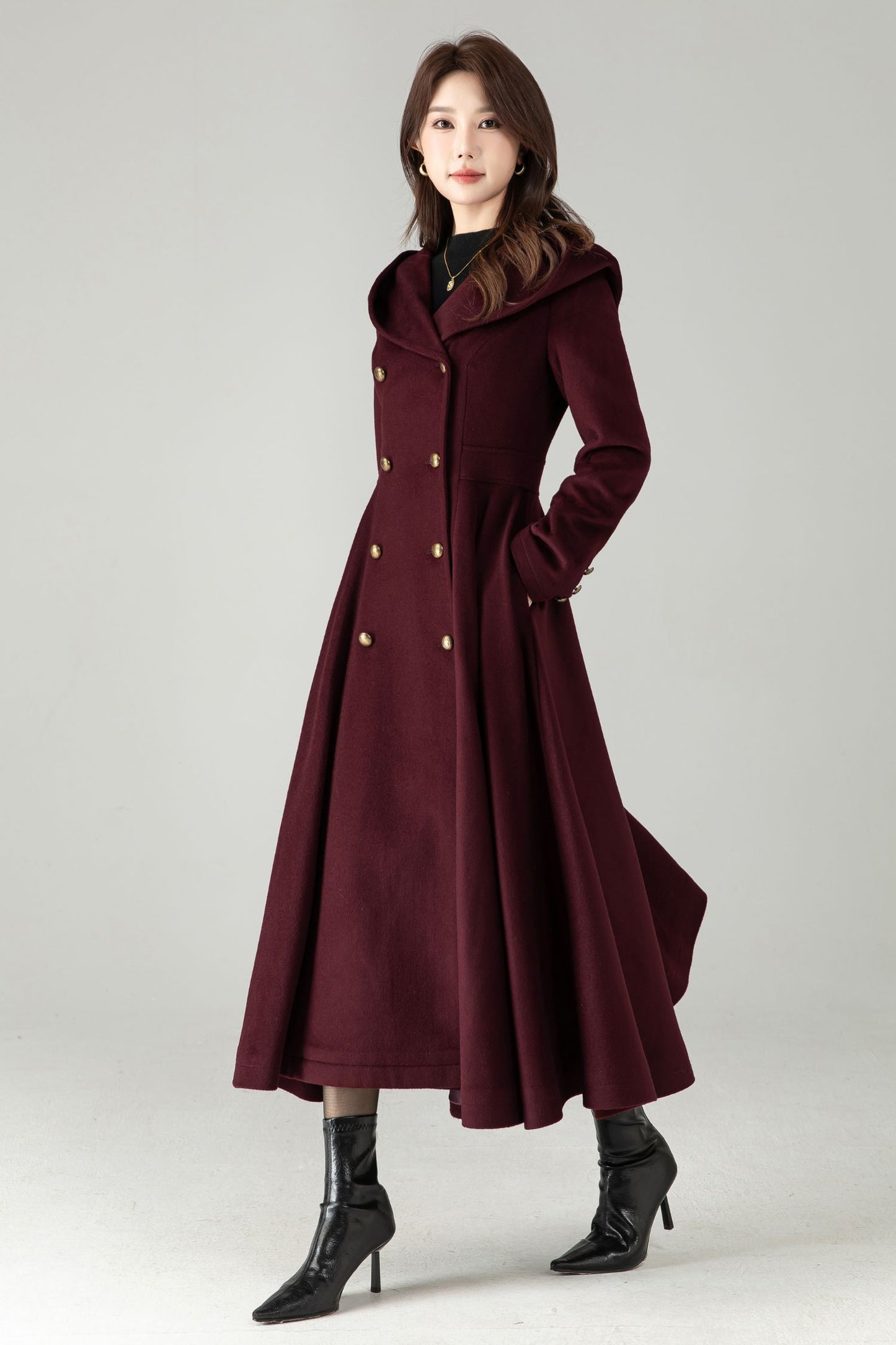Hooded Burgundy Wool Coat – Elegant Double-Breasted Long Swing Coat | Xiaolizi 6573