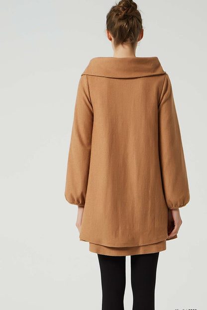 Vintage Wool Tunic Dress – Camel Brown with Asymmetrical Collar – 2066