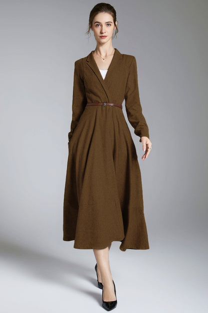 Elegant Wool V-Neck Dress – Long Sleeve Midi Winter Dress 5489