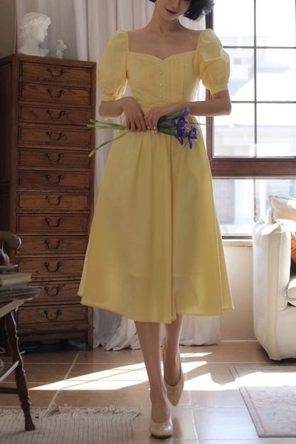 Yellow Linen Midi Dress - Puff Sleeve, Fitted Waist 4840