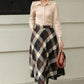Brown Plaid Wool Midi Skirt – High Waist A-Line Winter Skirt with Pockets 6421