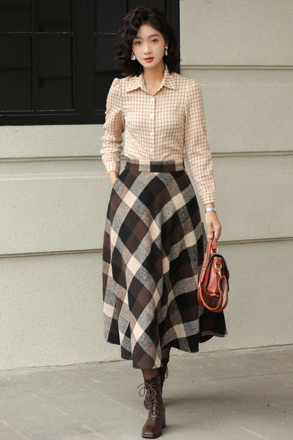 Brown Plaid Wool Midi Skirt – High Waist A-Line Winter Skirt with Pockets 6421