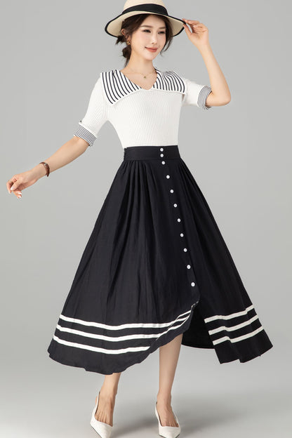 Stylish Button-Up Linen Skirt with Striped Hem 5712 -XS #CK2500362