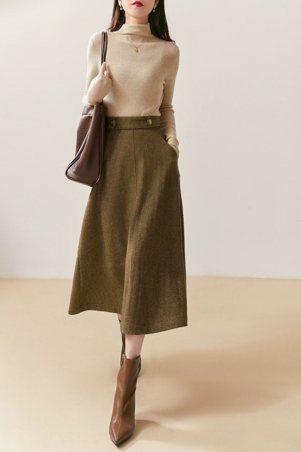 Khaki Midi Wool Blend Midi Skirt - Women A-Line Skirt Winter 7023