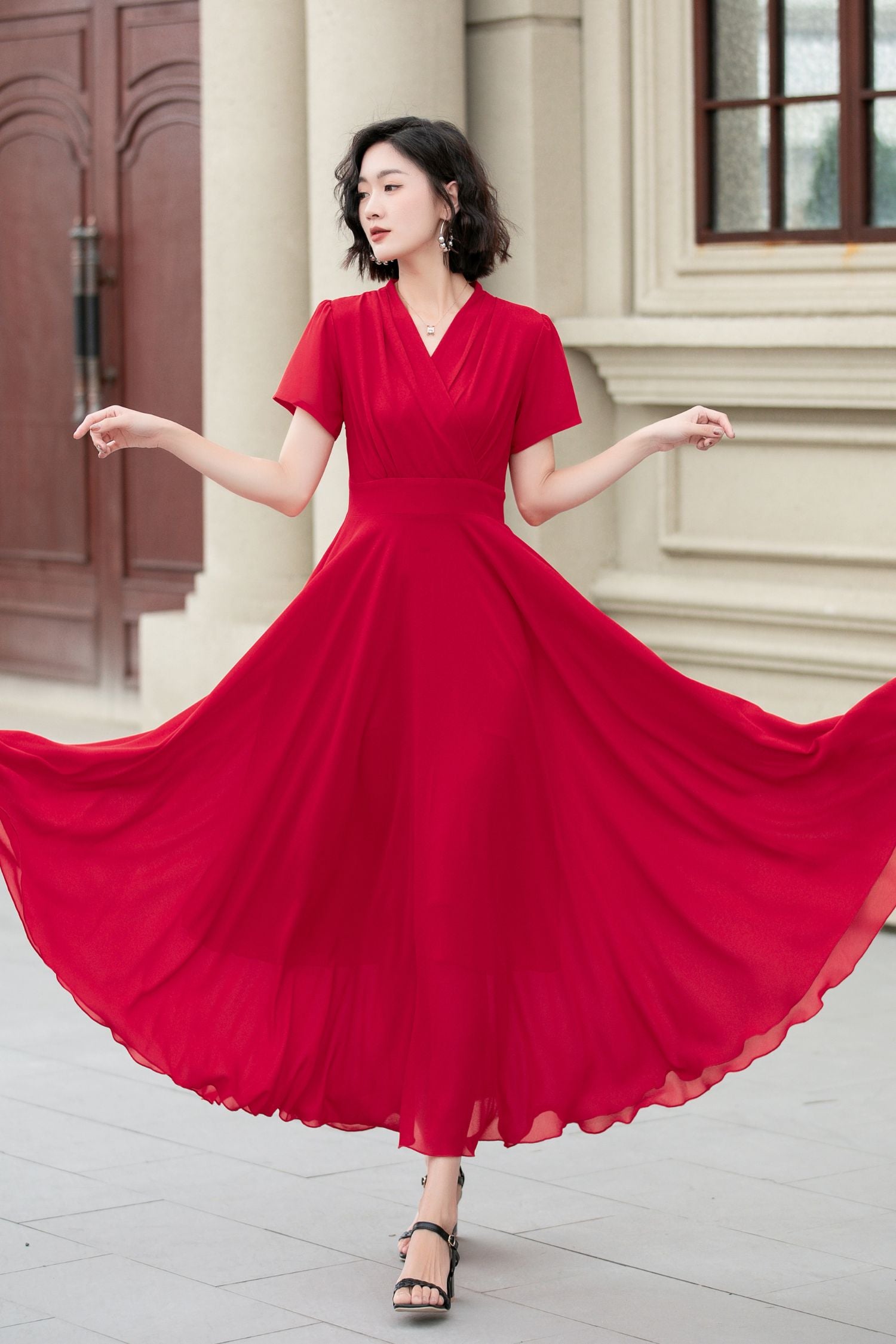 Red Chiffon V-Neck Swing Dress - Midi A-Line Red Chiffon V-Neck Swing Dress - Midi A-Line