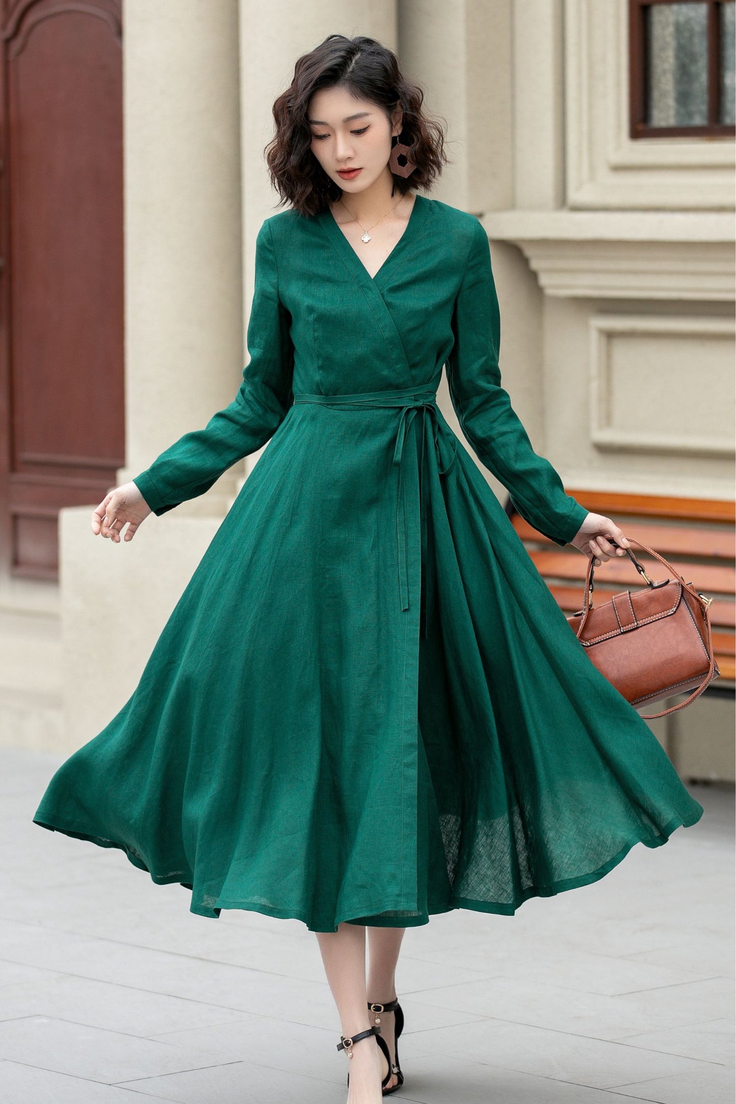 Green fit and flare spring wrap dress 4966