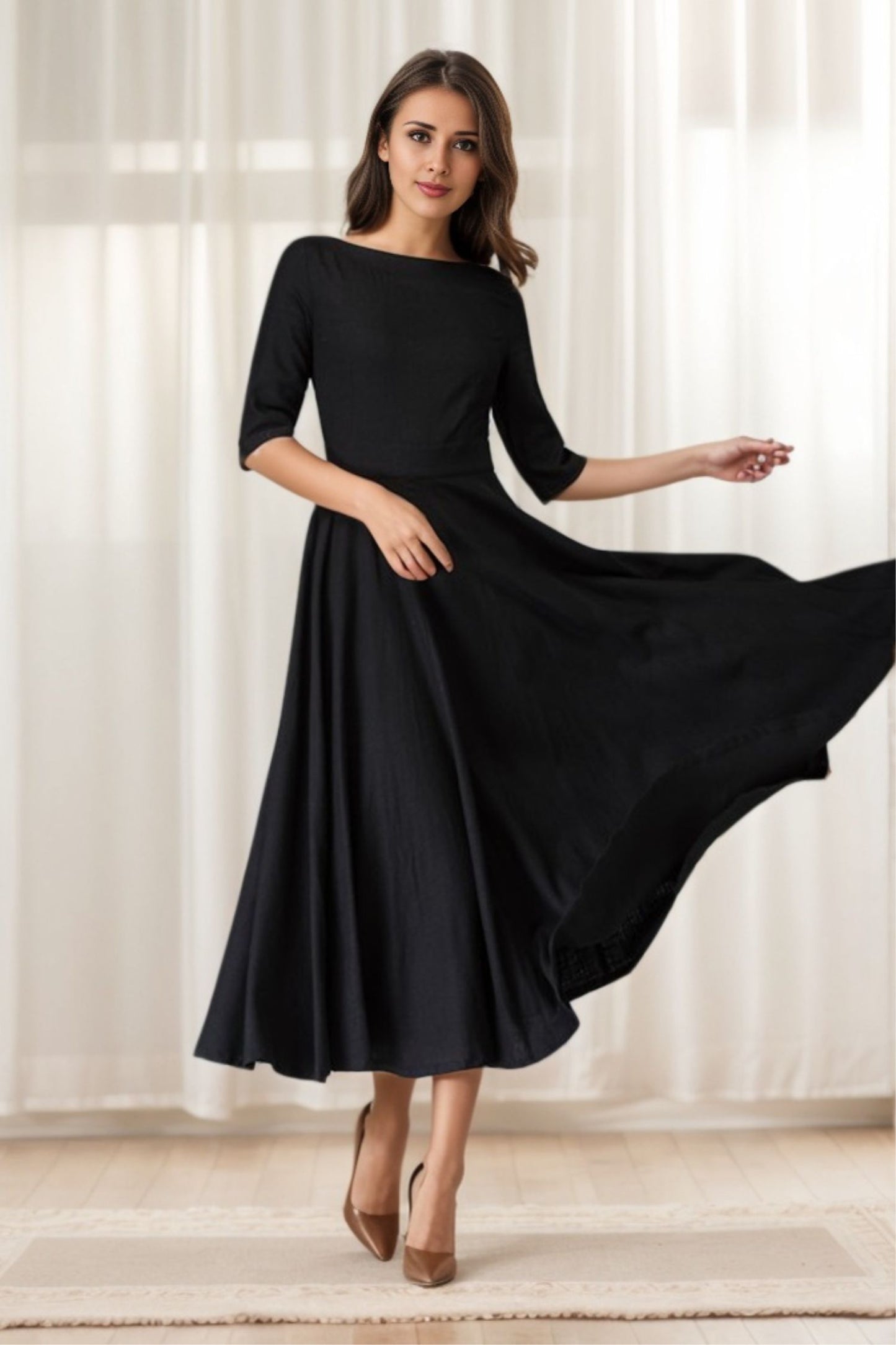 Black Linen Little Black Dress – Handmade Vintage Fit & Flare Midi Dress with Pockets | Xiaolizi 1458