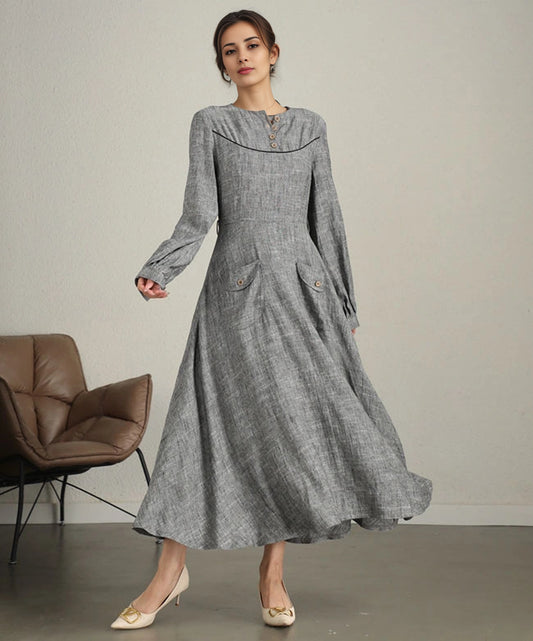 Xiaolizi Handmade Linen Maxi Dress – Vintage A-Line Long Sleeve Dress 6340