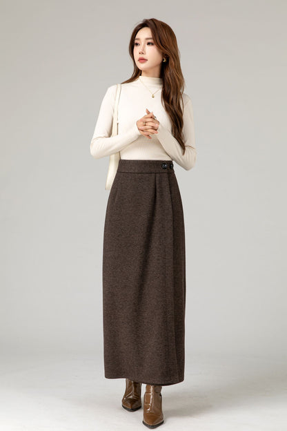 Handmade Wool Blend Skirt – Elegant Dark Brown Wrap Midi for Autumn Winter 5484