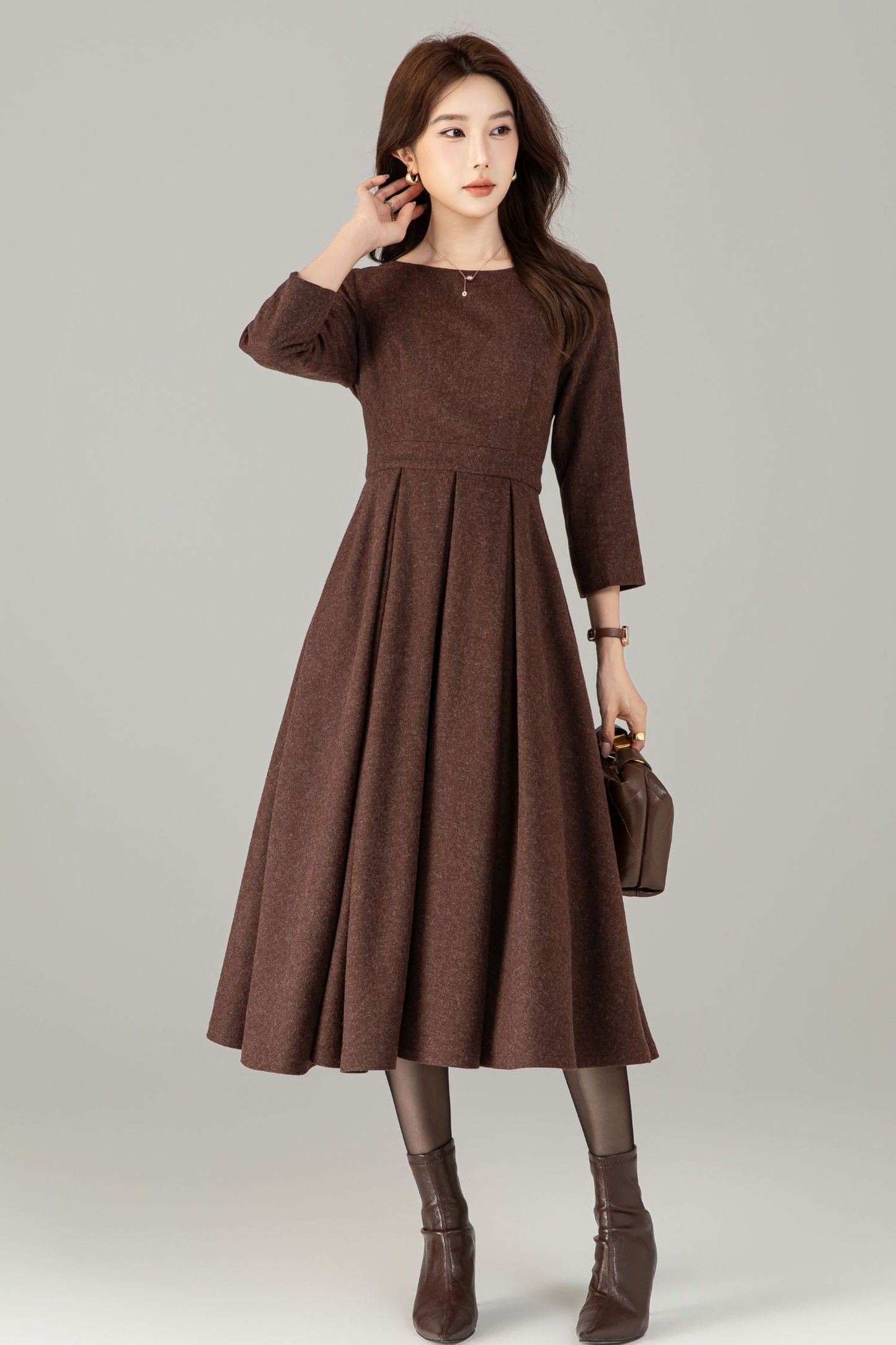 Vintage Wool Blend Midi Dress – Handmade Fit and Flare Winter Dress with Pockets | Xiaolizi 6495