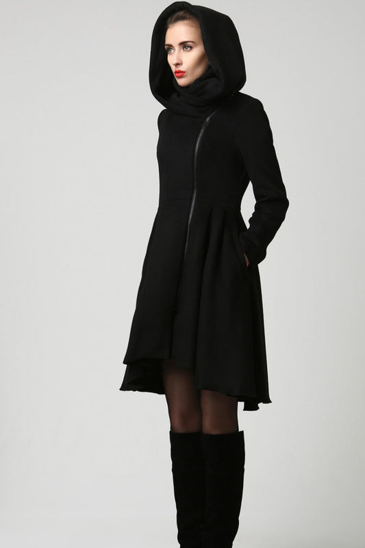 Vintage Black Wool Coat – Asymmetrical Hooded Overcoat for Autumn Winter 1121