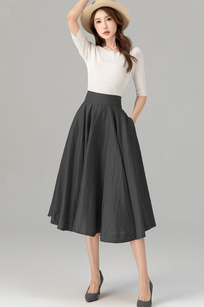 Grey Linen Midi Skirt - High Waist Flared Circle Swing | Xiaolizi 5728