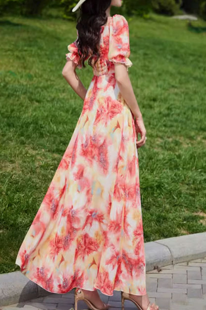 Flower printed long prom summer beach dress 5037