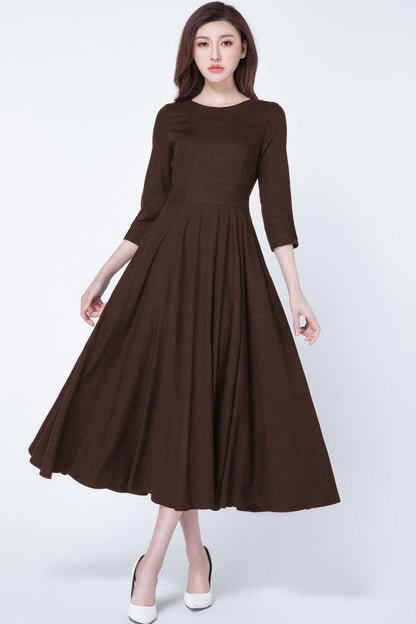 Brown Linen Midi Dress - Fit and Flare Silhouette with 3/4 Sleeves 6315