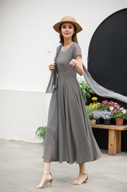 Grey Chiffon Maxi Dress - Vintage Swing with Fitted Waistband 2720