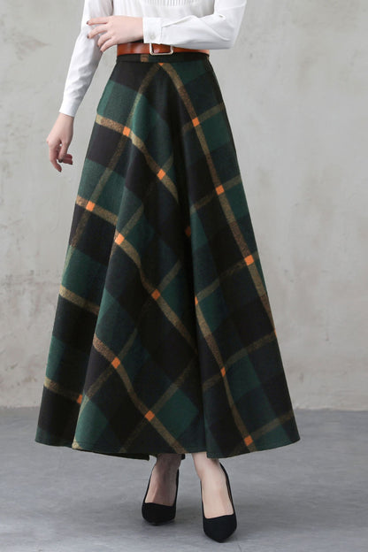 Handmade Forest Green Plaid Wool Maxi Skirt – Vintage High Waist A-line Winter Elegance 5274