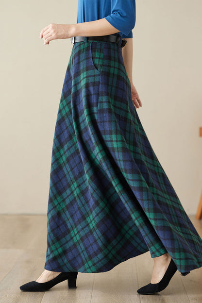 Handmade Navy Plaid Wool Maxi Skirt – Long Winter Swing Skirt | Xiaolizi 4619