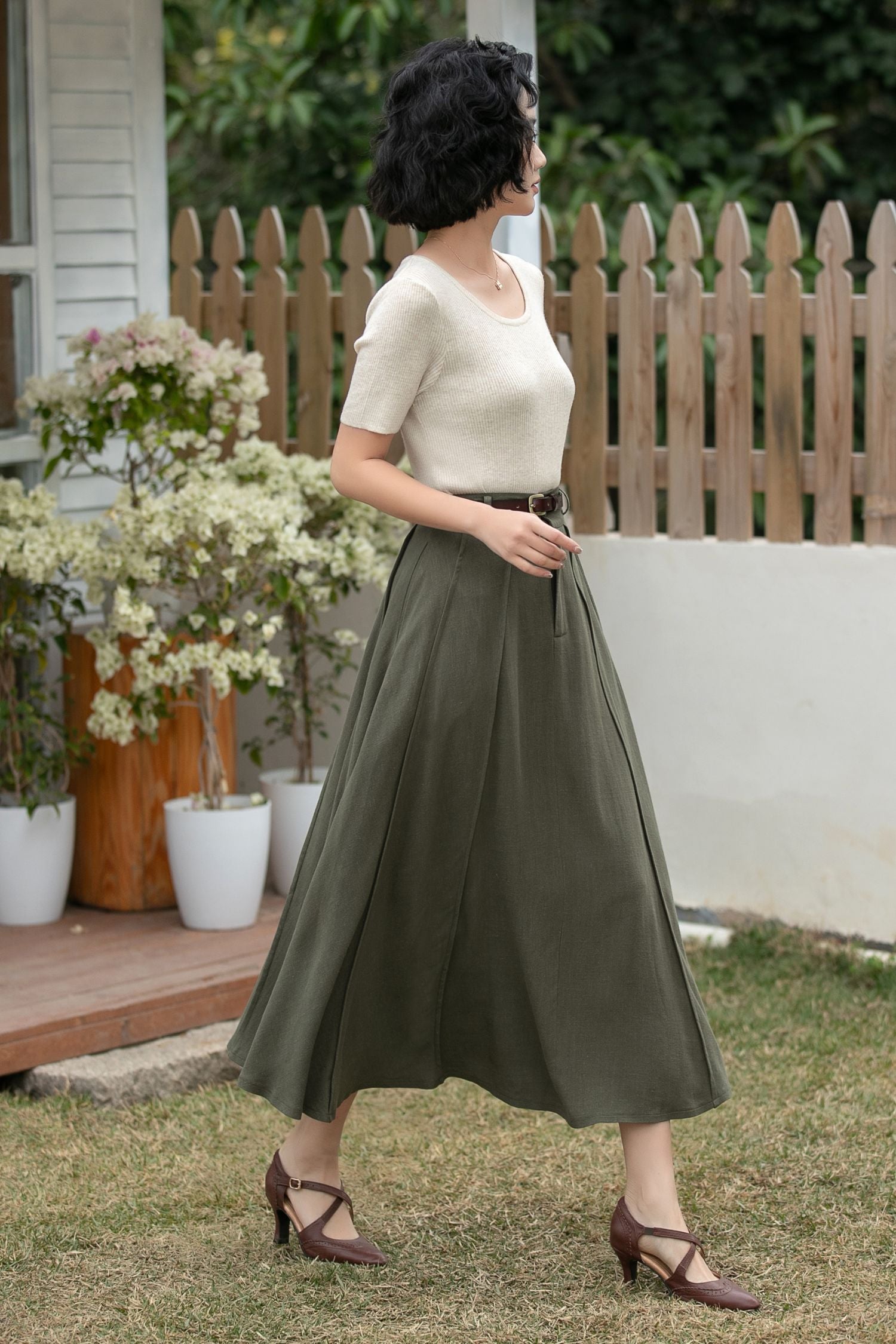 Olive Green Linen Midi Skirt – Vintage High Waist | Xiaolizi