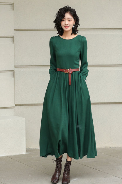Green Linen Cotton Maxi Dress - Pleated Waist, Flowing A-Line Silhouette 6425