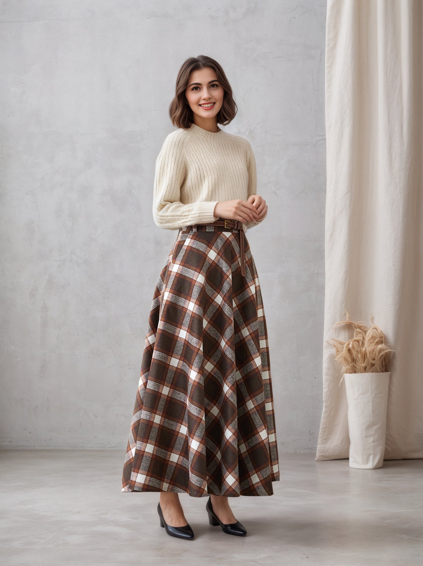 Plaid Wool Maxi Skirt – Brown Checkered Winter Skirt with Pockets & Elastic Waist 6551
