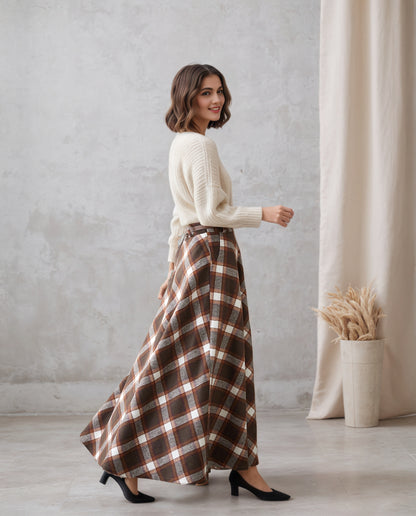Plaid Wool Maxi Skirt – Brown Checkered Winter Skirt with Pockets & Elastic Waist 6551
