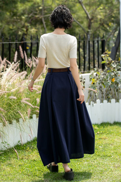 Handmade Navy Linen Cotton Asymmetrical Maxi Skirt | Xiaolizi 6740