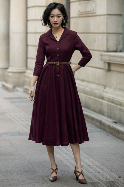 Burgundy Linen Shirt Dress for Women, Xiaolizi Belted A-Line Dress 6707