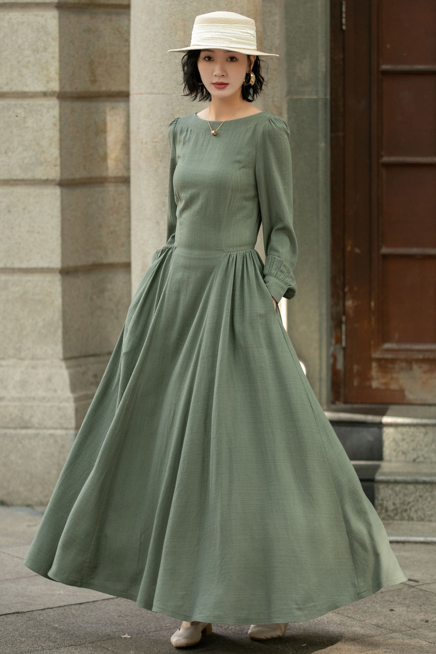 Army Green Swing  Maxi Linen Dress 5678