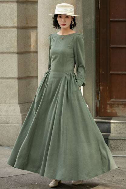 Army Green Swing  Maxi Linen Dress 5678