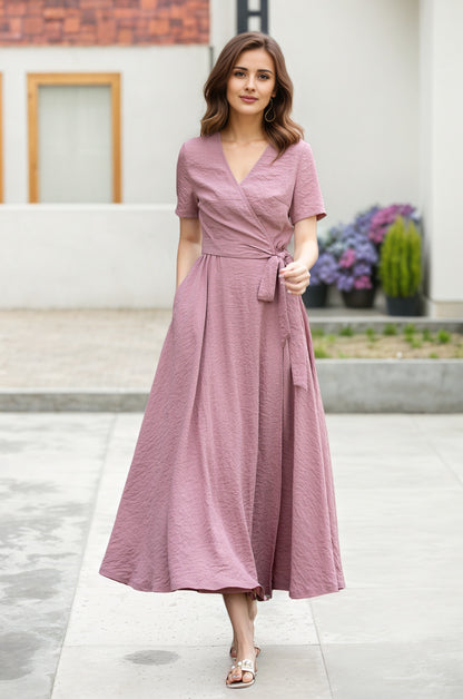 Swing Wrap Midi Linen dress 6013
