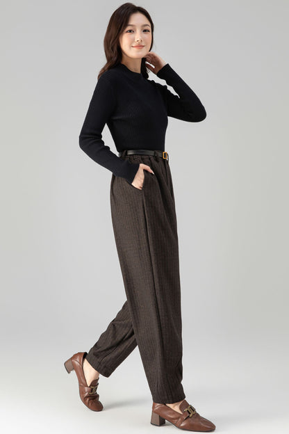 Brown Wool Wide Leg Pants - Loose Fit, Warm Winter Style 6462