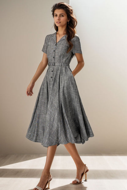 Linen Shirt Dress in Gray – Elegant Belted Swing Midi 5128