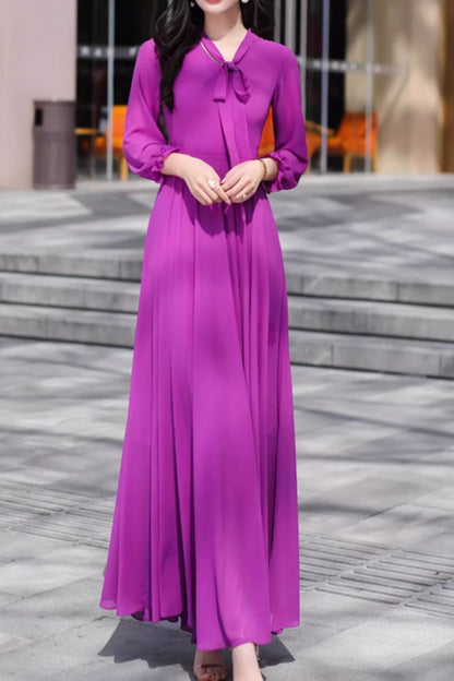 Purple Chiffon Maxi Dress - Flowing Silhouette with V-Neck Tie 5095