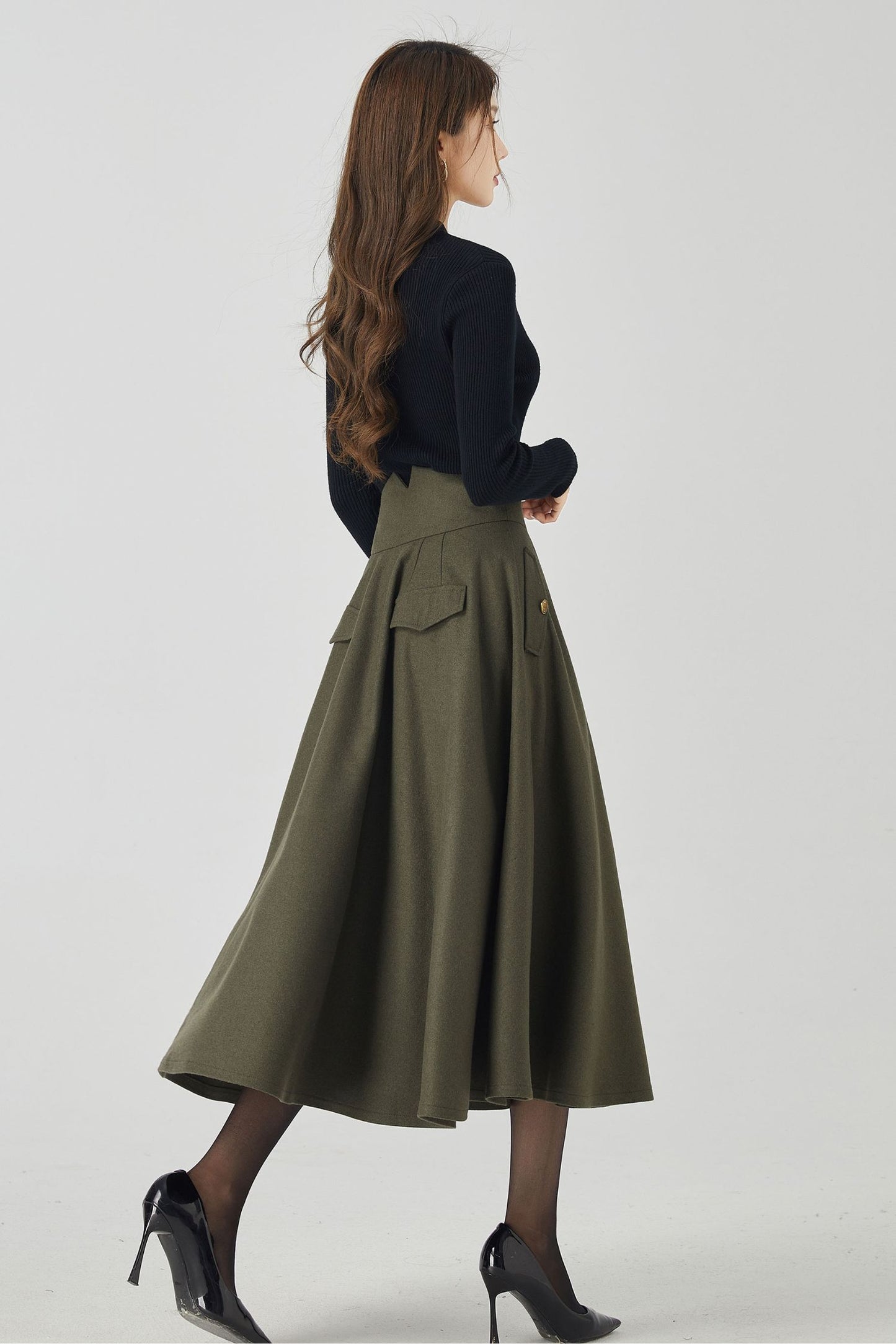 Army green swing winter wool skirt 4530