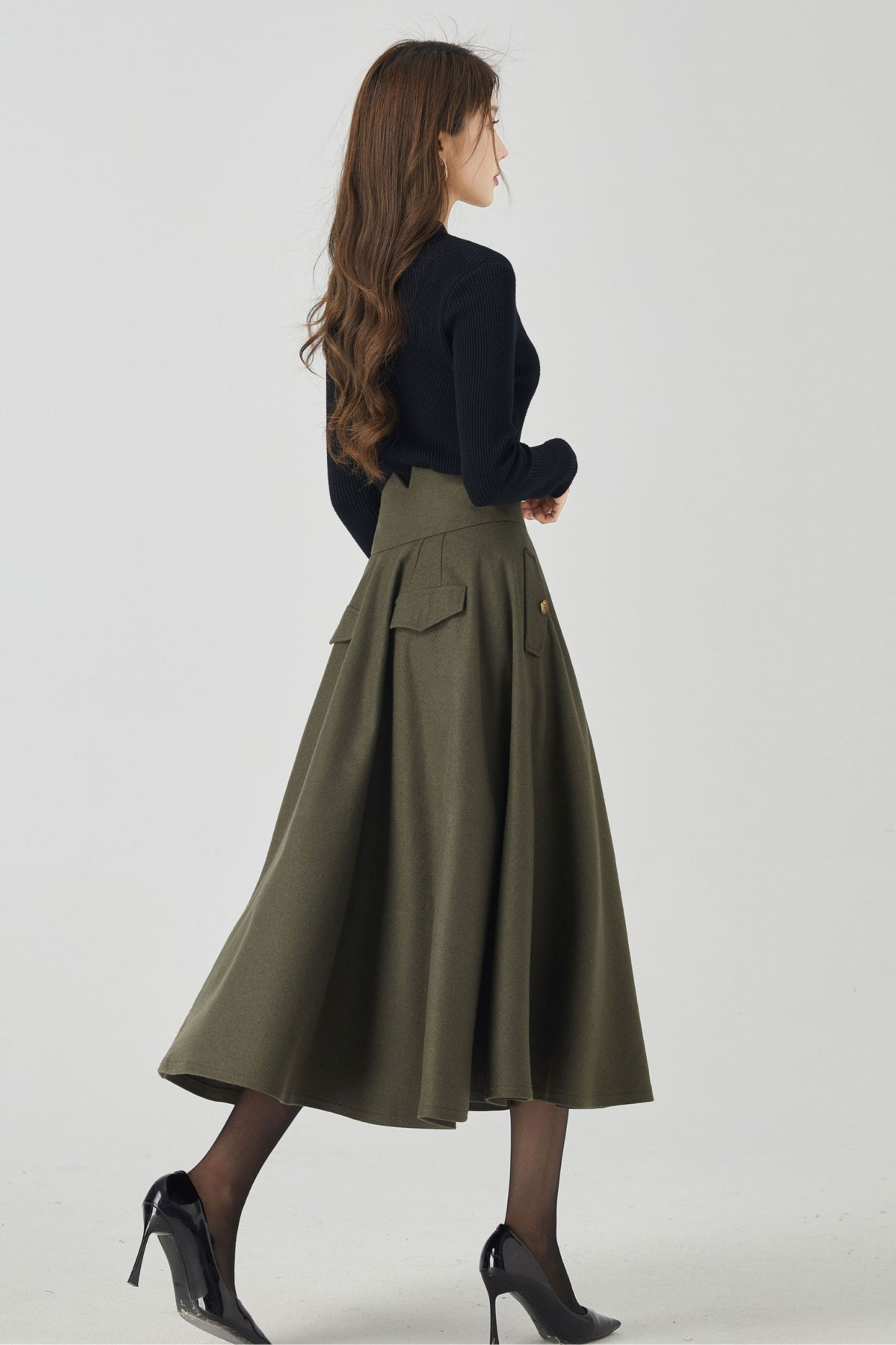 Army green swing winter wool skirt 5249