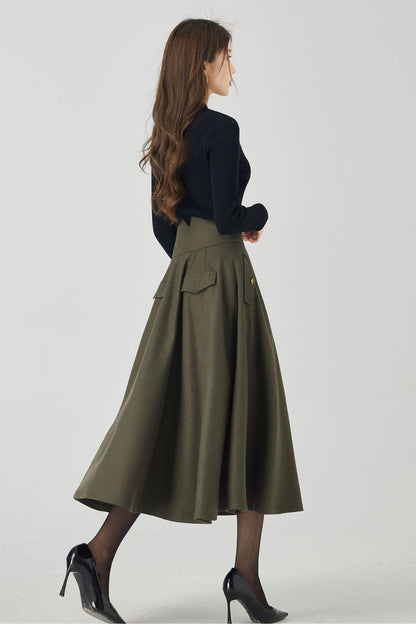 Vintage Wool Blend Pleated Midi Skirt – Handmade High Waist Winter Skirt | Xiaolizi 5249