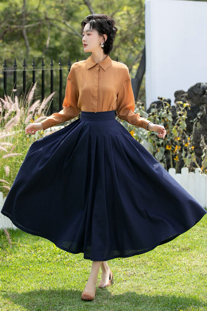 Deep Navy Linen Cotton Midi Skirt High Waist | Xiaolizi 6736- Size XS #CK2600283