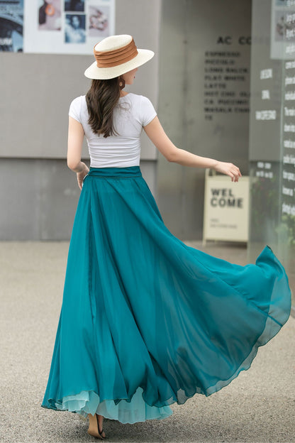 Blue Long Chiffon Maxi Skirt Women 4270