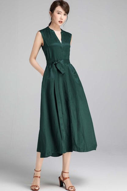 Green Linen Sleeveless Maxi Dress - A-Line with Self-Tie Belt 2333