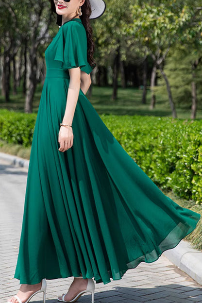 Green Chiffon Maxi Dress - Fit and Flare with Swing Sleeves 5167