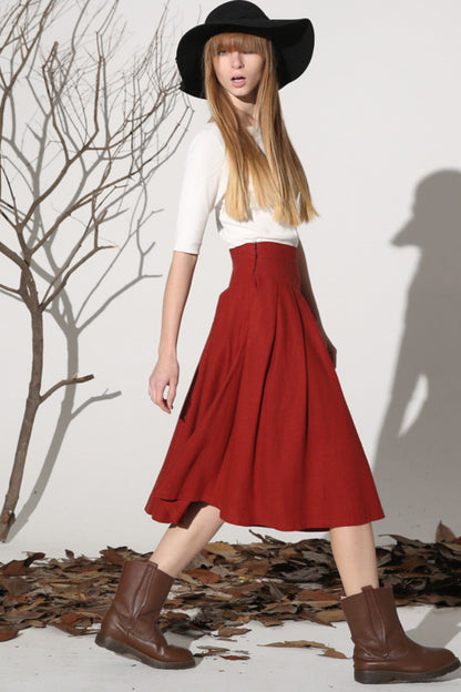 Rust Linen Cotton A-Line Midi Skirt - Pleated Waist Detail 1155